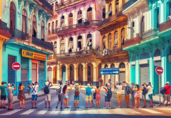 Une rue de La Havane avec des hôtels fermés et des touristes prenant des photos.